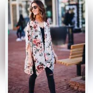 Sheer Floral Pink Peach Cream Rose Burnout Velvet Wrap Style Kimono Womens OS‎